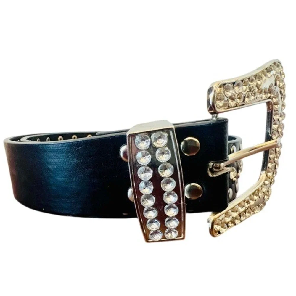 Western Rhinestone Studded Belt Black Faux Leather Silver Crystal Buckle 37.5